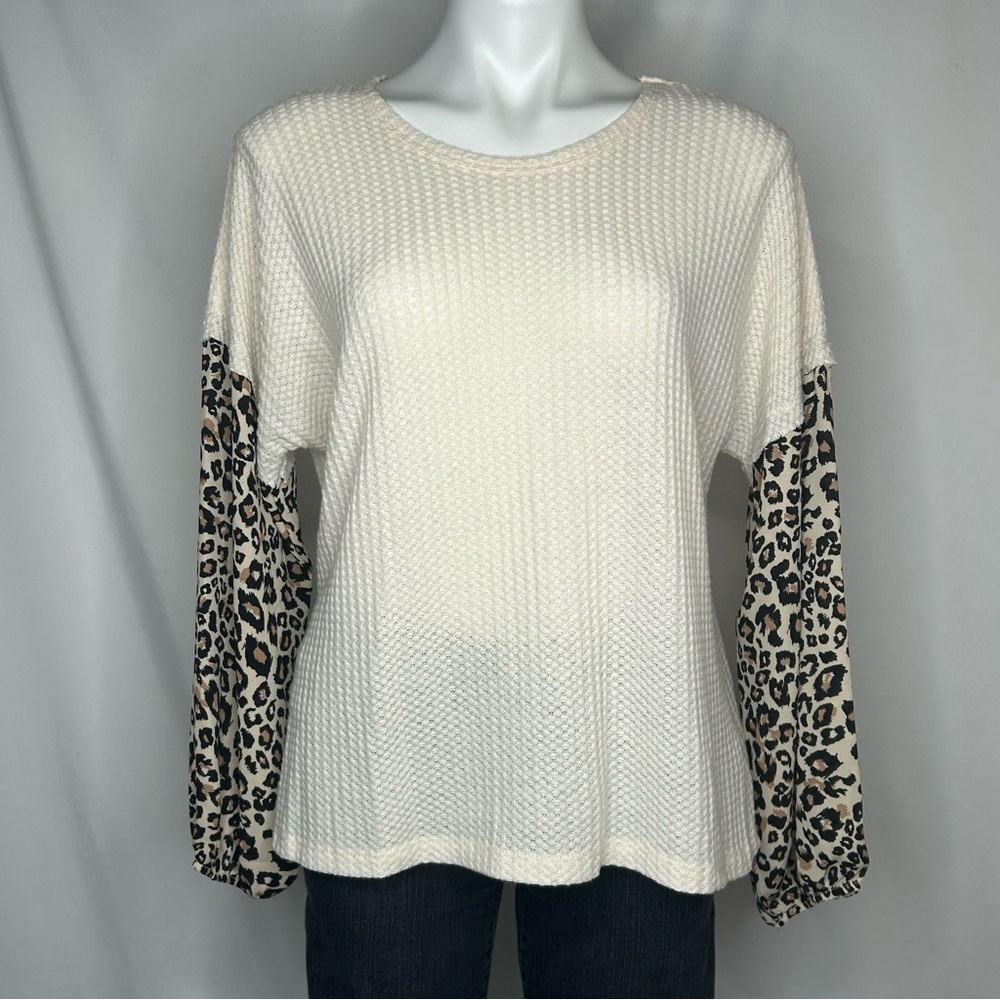 Lightweight Waffle Knit with semi-sheer Leopard Sleeves, Discreet, Large